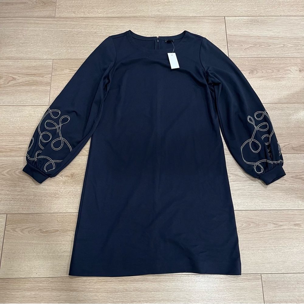 NWT Ann Taylor Navy Blue Balloon Long Sleeve Embroidered Shift Dress Size S